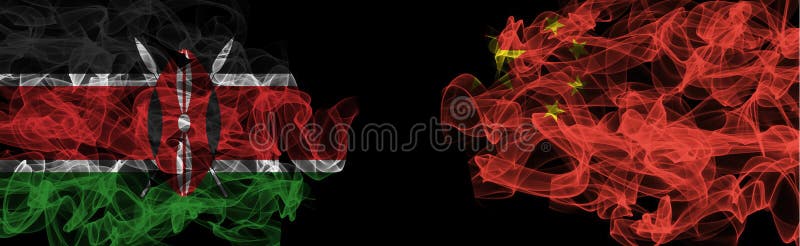 Flags of Kenya and China on Black background, Kenya vs China Smoke Flags stock illustration
