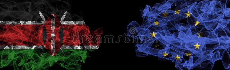 Flags of Kenya and EU on Black background, Kenya vs Europe Union Smoke Flags royalty free illustration