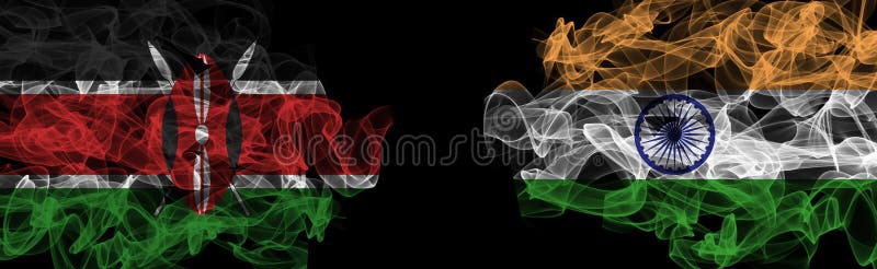 Flags of Kenya and India on Black background, Kenya vs India Smoke Flags vector illustration