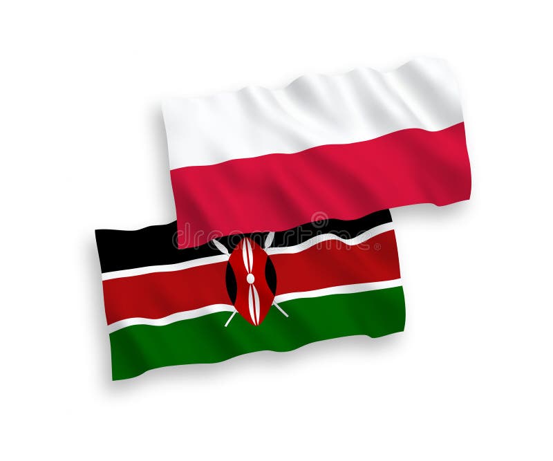Flags of Kenya and Poland on a white background. National vector fabric wave flags of Kenya and Poland isolated on white background. 1 to 2 proportion.