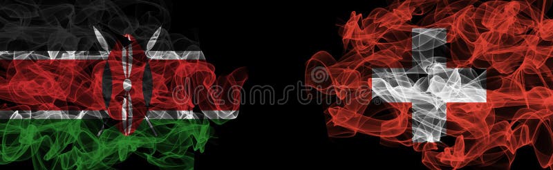 Flags of Kenya and Switzerland on Black background, Kenya vs Switzerland Smoke Flags stock illustration