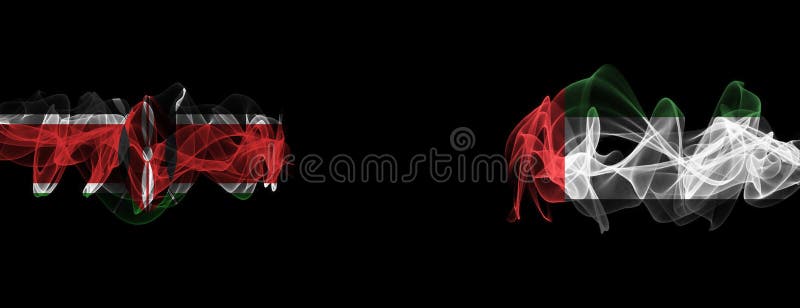 Flags of Kenya and UAE on Black background, Kenya vs United Arab Emirates Smoke Flags stock illustration