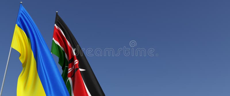 Flags of Kenya and Ukraine on flagpoles on side. Flags on a blue background. Place for text. Independent independent Ukraine. stock illustration