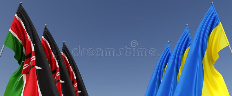 Flags of Kenya and Ukraine on flagpoles on sides. Flags on a blue background. Place for text. Independent, sovereign Ukraine. vector illustration