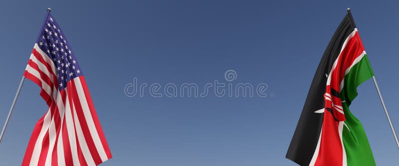 Flags of Kenya and United States on flagpoles on sides. Flags on a blue background. Place for text. USA. United States of America vector illustration