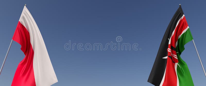 Flags of Poland and Kenya on flagpoles on side. Flags on a blue background. Place for text. Warsaw, Polish. Nairobi, Africa. stock illustration