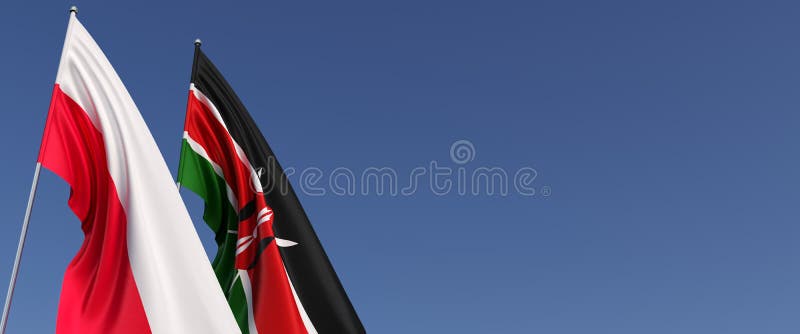 Flags of Poland and Kenya on flagpoles on side. Flags on a blue background. Place for text. Polish, Warsaw. Nairobi. 3d royalty free illustration