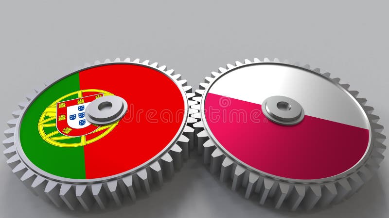 Flags of Portugal and Poland on meshing gears. International cooperation conceptual 3D rendering stock illustration Flags of Portugal and Poland on meshing gears. International cooperation conceptual 3D rendering stock illustration