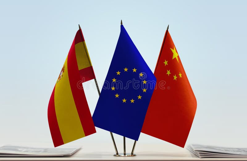 Flags of Spain EU and China vector illustration Flags of Spain EU and China vector illustration