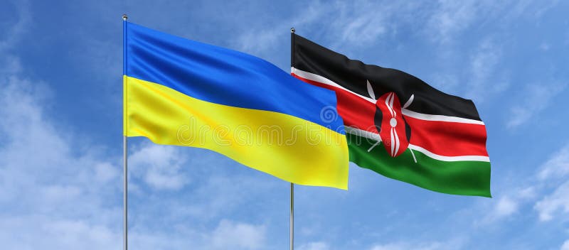 Flags of Ukraine and Kenya on flagpoles in center. Flags on sky background. Place for text. Ukrainian. Kenyan. 3d illustration royalty free illustration