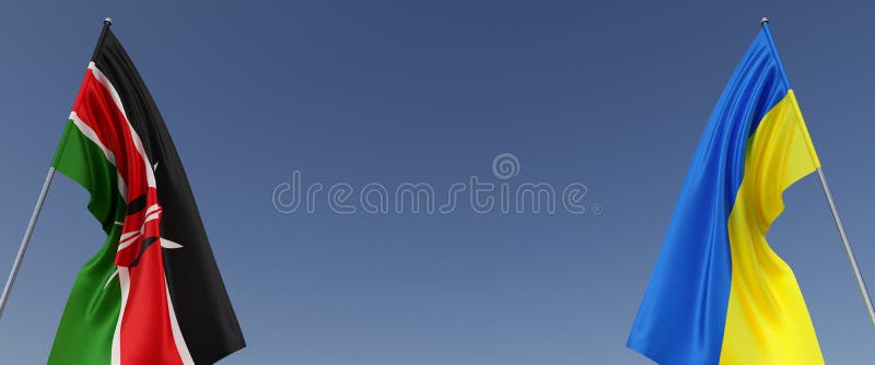 Flags of Ukraine and Kenya on flagpoles on sides on a blue background. Place for text. Ukrainian, Kyiv. Nairobi, Africa. Flags royalty free illustration