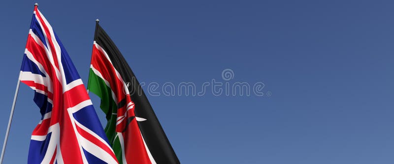 Flags of the United Kingdom and Kenya on flagpoles on sides. flags on a blue background. Place for text. Great Britain, England. vector illustration