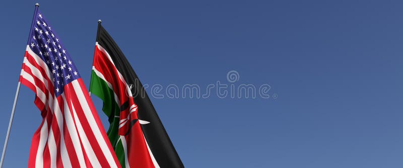Flags of United States and Kenya on flagpoles on the side. Flags on a blue background. Place for text. United States of America. stock illustration