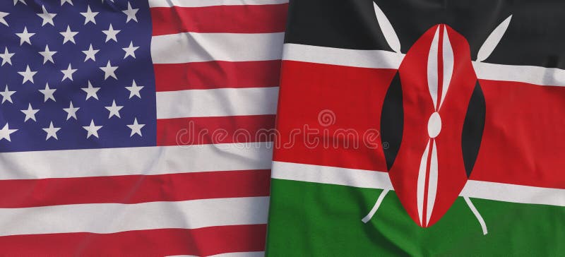 Flags of USA and Kenya. Linen flag close-up. Flag made of canvas. United States of America. Kenyan. State national symbols. 3d stock illustration
