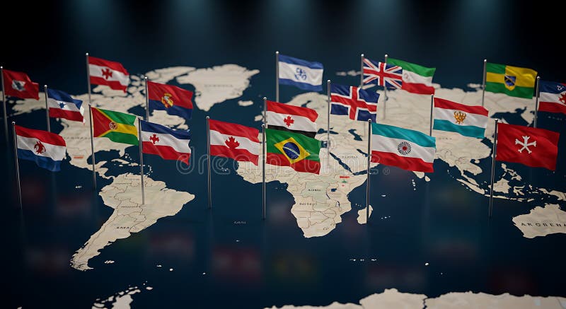 Global Flags on World Map: A Visual Representation of International Unity and Diversity vector illustration