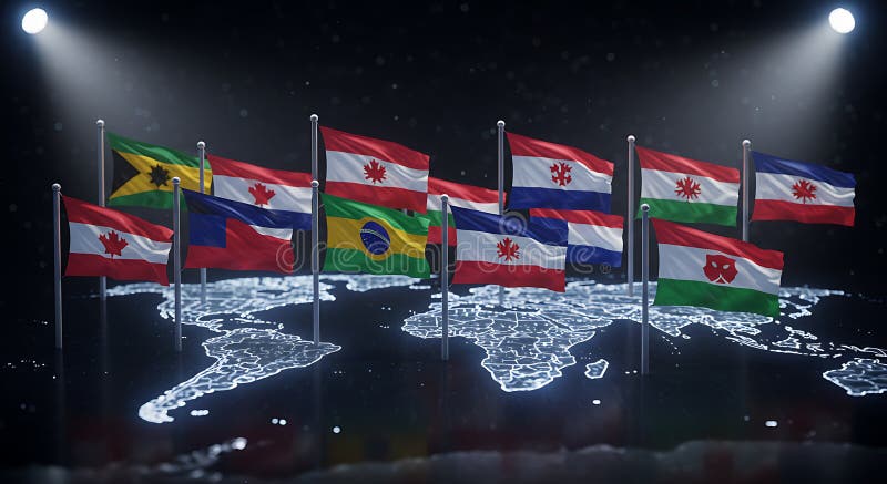 Global Flags on Illuminated World Map royalty free illustration