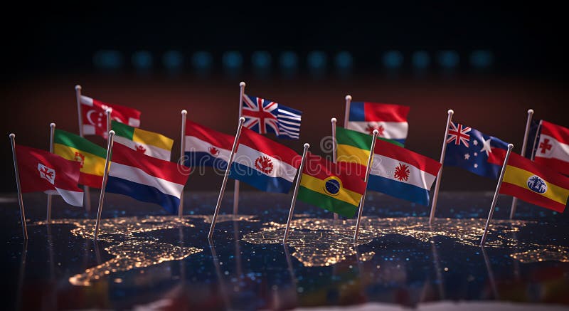 Global Flags on Illuminated World Map: A Visual Representation of International Unity and Cooperation vector illustration