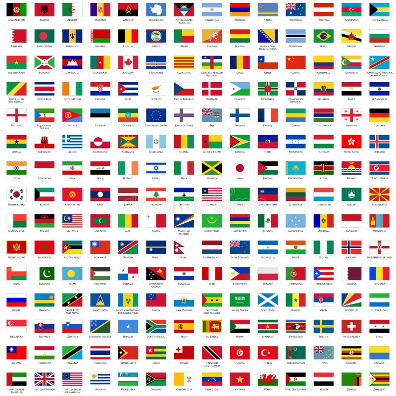 Abecedne zoradené vlajky sveta (3x2) s oficiálne RGB sfarbenie a podrobné emblémy.