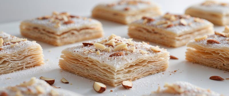 Flaky sweet pastry squares with sugar and almonds fotografia de stock.