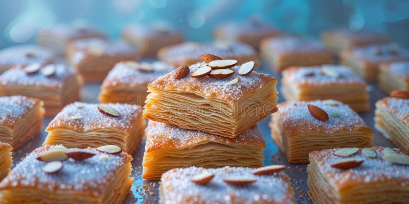 Flaky sweet pastry squares with sugar and almonds foto de stock.