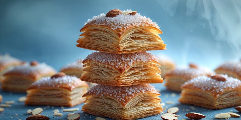 Flaky sweet pastry squares with sugar and almonds fotos de stock.