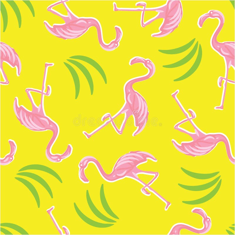 Pink flamingos and palm leaves seamless pattern. vector illustration Pink flamingos and palm leaves seamless pattern. vector illustration