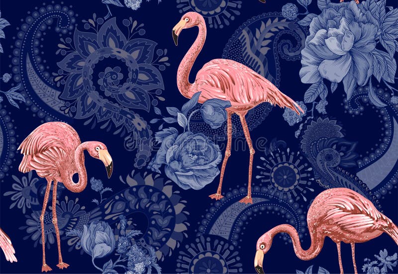 Flamingo on a blue background, jungle. Seamless pattern with flamingos and tropical plants. Vector clipart. Flamingo on a blue background, jungle. Seamless pattern with flamingos and tropical plants. Vector clipart.