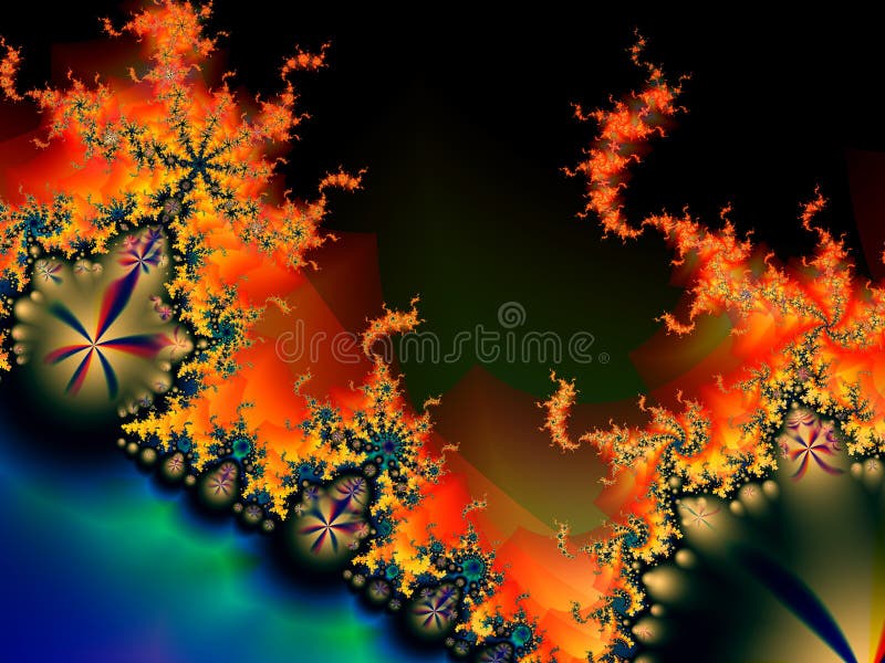 Fractal Flames Leap from the Edge of a Blue Body of Water. Fractal Flames Leap from the Edge of a Blue Body of Water