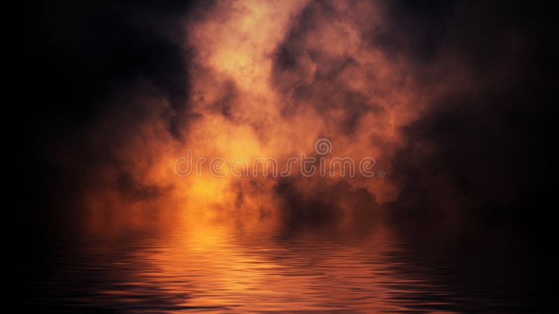 Flame smoke with reflection in water . Mystery coastal fire on the shore
