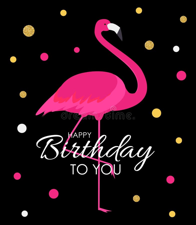 Flamenco colorido del rosa de la historieta en una tarjeta de felicitación hermosa del fondo para los saludos del cumpleaños Ilus stock de ilustración