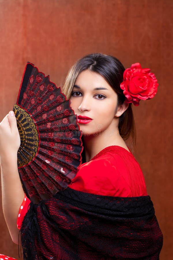 Flamenco dancer woman gipsy red rose spanish fan