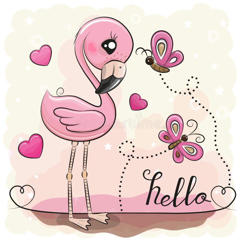 Flamenco lindo con los corazones y mariposas ilustración del vector Flamenco lindo con los corazones y mariposas ilustración del vector