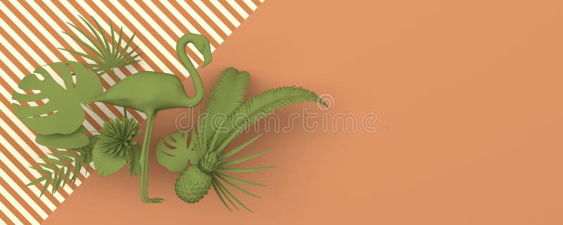 Flamenco rodeado por las plantas exóticas tropicales Imagen verde monocromática en un fondo del jengibre con un modelo rayado geo stock de ilustración Flamenco rodeado por las plantas exóticas tropicales Imagen verde monocromática en un fondo del jengibre con un modelo rayado geo stock de ilustración
