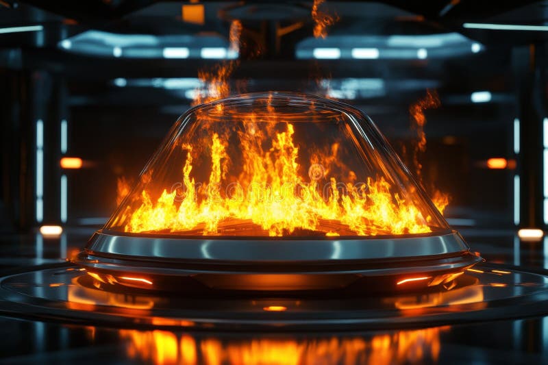 Flames erupt from a futuristic device in a high-tech environment during a dramatic showcase stock image