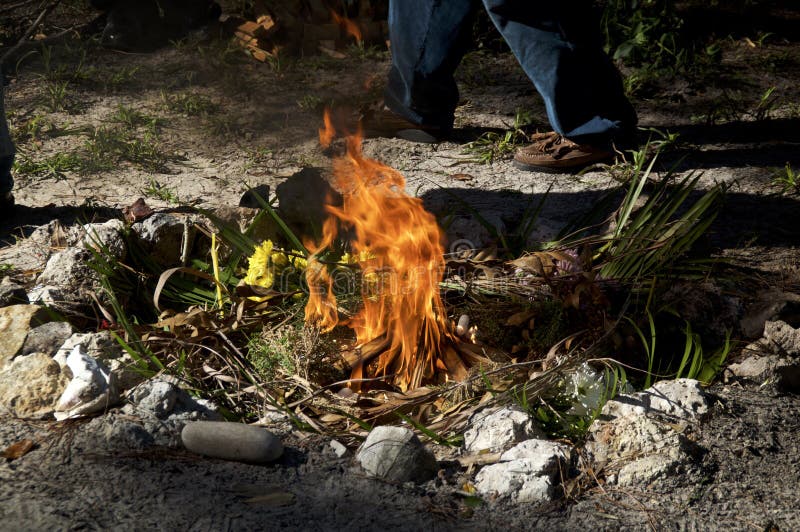 Flames of fire at mayan ceremony