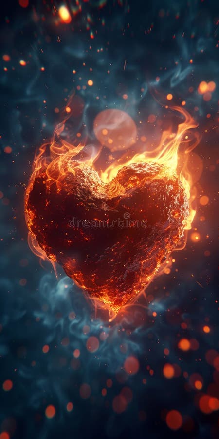Visual representation of a heart engulfed in flames, symbolizing intense emotions and passion, set against a dynamic royalty free stock image