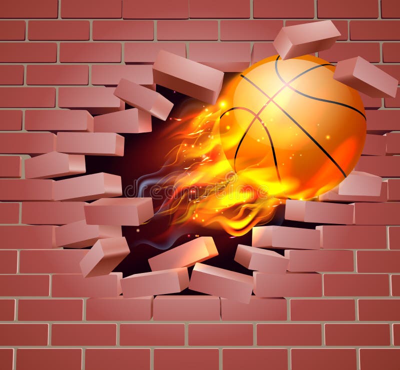 Flaming Basketball Ball Breaking Through Brick Wall Stock 