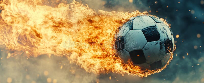 A flaming soccer ball, trailing fire, darts across a dark scene, capturing a sense of dynamic motion. Fiery darts stock images, royalty-free photos and pictures