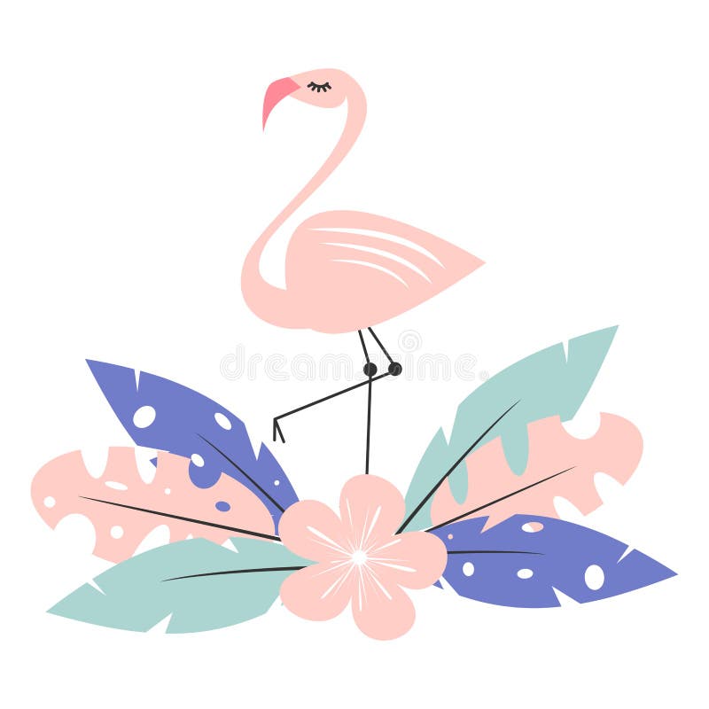 Flamingo cor-de-rosa bonito com as folhas exóticas e a ilustração tropicais do vetor da flor isolada no fundo branco ilustração royalty free Flamingo cor-de-rosa bonito com as folhas exóticas e a ilustração tropicais do vetor da flor isolada no fundo branco ilustração royalty free