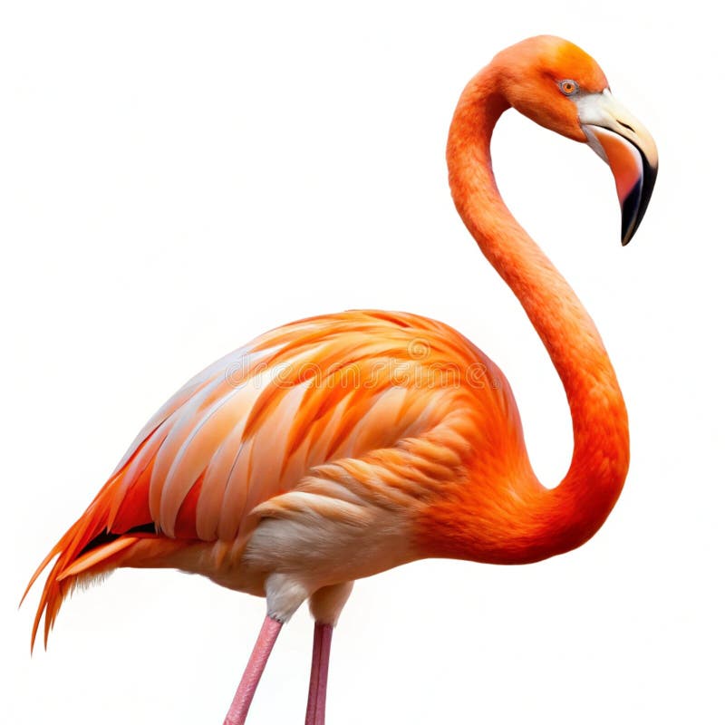 Flamingo de color naranja majestuoso, aislado en un fondo blanco. Un elegante flamenco anaranjado en una elegante posición aislada en un fondo blanco perfecto para la vida silvestre y los temas tropicales