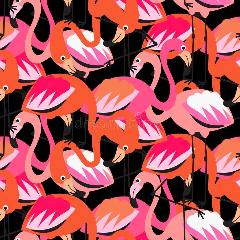 Flamingo dense red on black seamless pattern. stock illustration