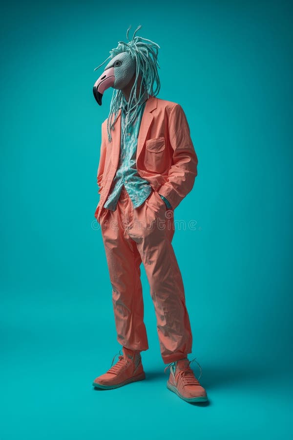 Flamingo dressed as man in fashionable, elegant clothes. Abstract animal portrait. Half man, half tropical flamingo stock photography