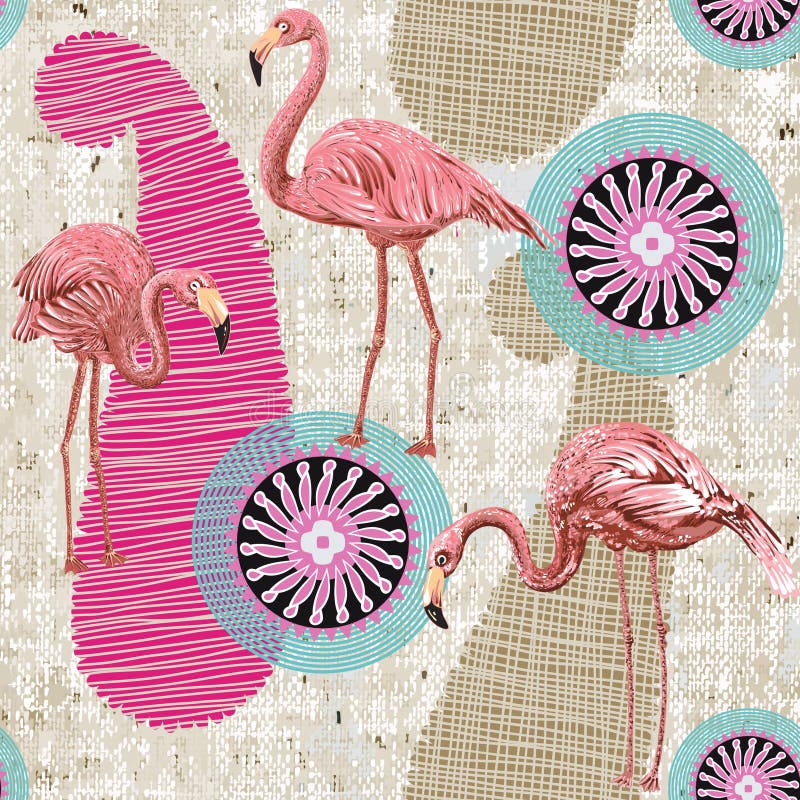 Flamingo på en färgrik bakgrund Sömlös modell med flamingo och tropiska växter Färgrik modell för textil