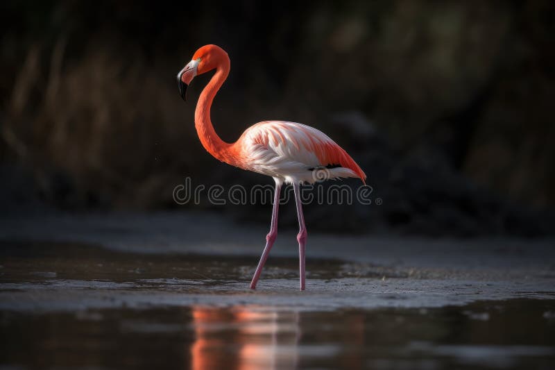 Flamingo på ett ben i ytligt vatten. generativ ai.