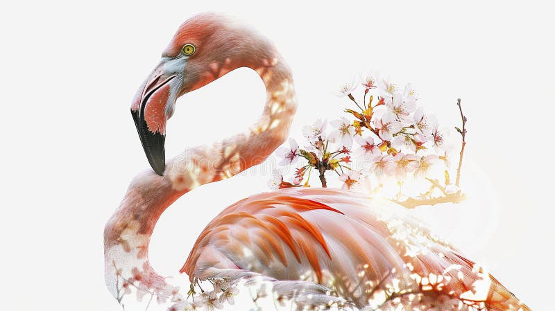 Flamingo rosa e cereja florescem em fundo branco. exposição dupla. ai generativo