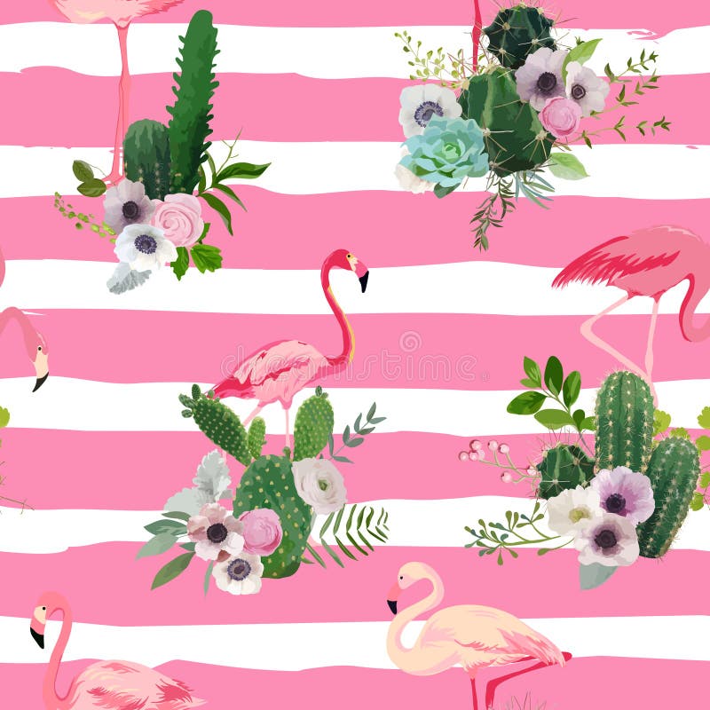 Flamingo-Vogel und tropischer Kaktus-Blumen-Hintergrund Retro- nahtloses Muster stock abbildung Flamingo-Vogel und tropischer Kaktus-Blumen-Hintergrund Retro- nahtloses Muster stock abbildung