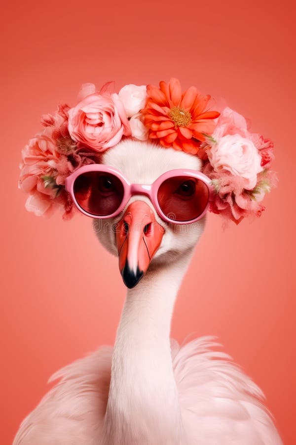 Flamingo wearing pink sunglasses and flower crown on it& x27;s head. Generative AI