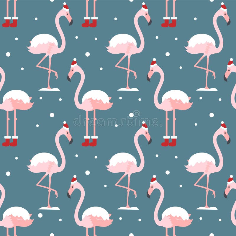 Flamingo in Christmas hat seamless pattern on blue background. Exotic New Year background. Christmas design for fabric, wallpaper, royalty free illustration Flamingo in Christmas hat seamless pattern on blue background. Exotic New Year background. Christmas design for fabric, wallpaper, royalty free illustration
