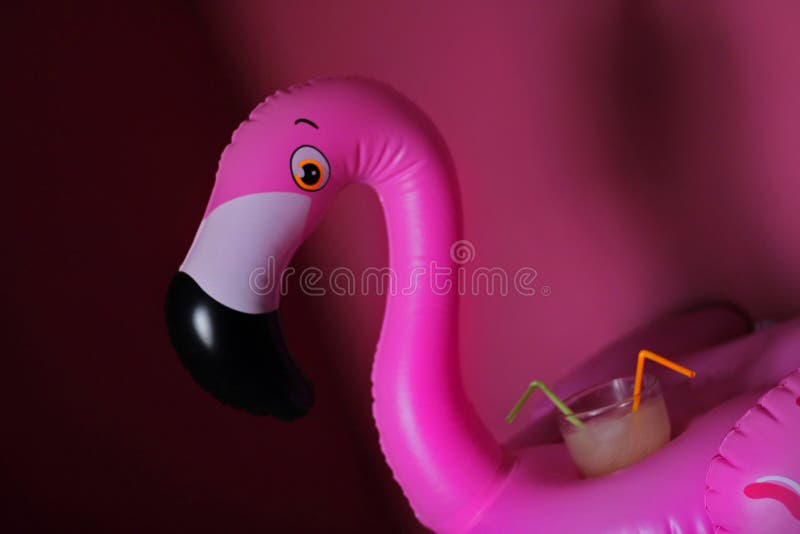 Flamingofloss mit einem Glas Soda auf die Oberseite stockbilder Flamingofloss mit einem Glas Soda auf die Oberseite stockbilder