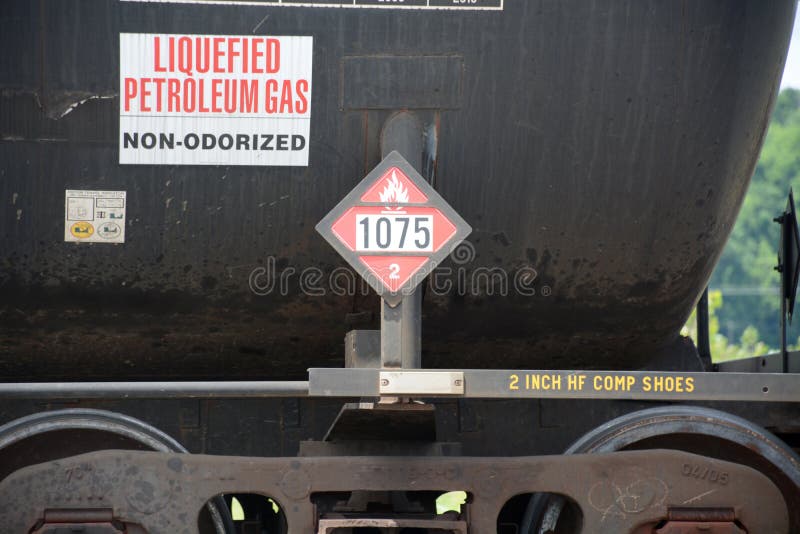 Flammable liquid sign. Two signs on a taker car. Liquid petroleum gas sign and the flammable liquid symbol stock photo Flammable liquid sign. Two signs on a taker car. Liquid petroleum gas sign and the flammable liquid symbol stock photo